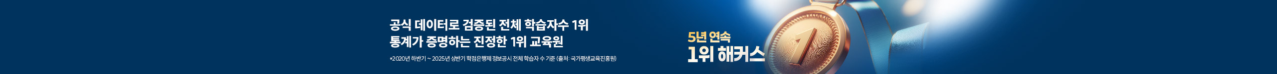 공식 데이터로 검증된 전체 학습자수 1위, 통계가 증명하는 진정한 1위 교육원 5년 연속 1위 해커스
                    *2020년 하반기~2025년 상반기 학점은행제 정보공시 전체 학습자수 기준 (출처: 국가평생교육진흥원)