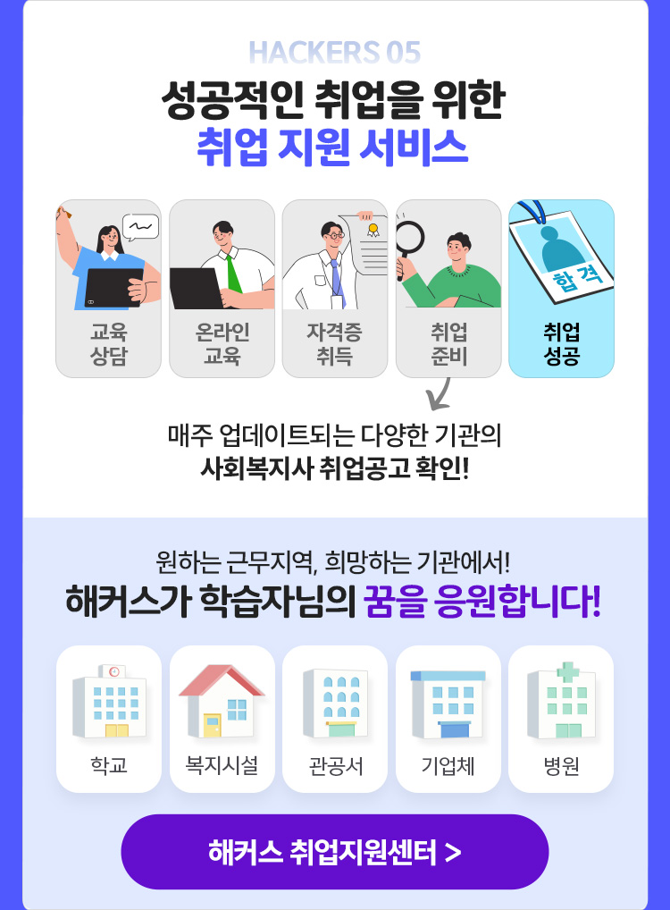 HACKERS 05 성공적인 취업을 위한 취업 지원 서비스 매일 업데이트되는 다양한 기관의 사회복지사 취업공고 확인!